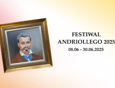 Na kremowym tle po lewej obraz z grubą ramą z mężczyzną z brodą i wąsami, po prawej informacja festiwal Andriollego 2025
