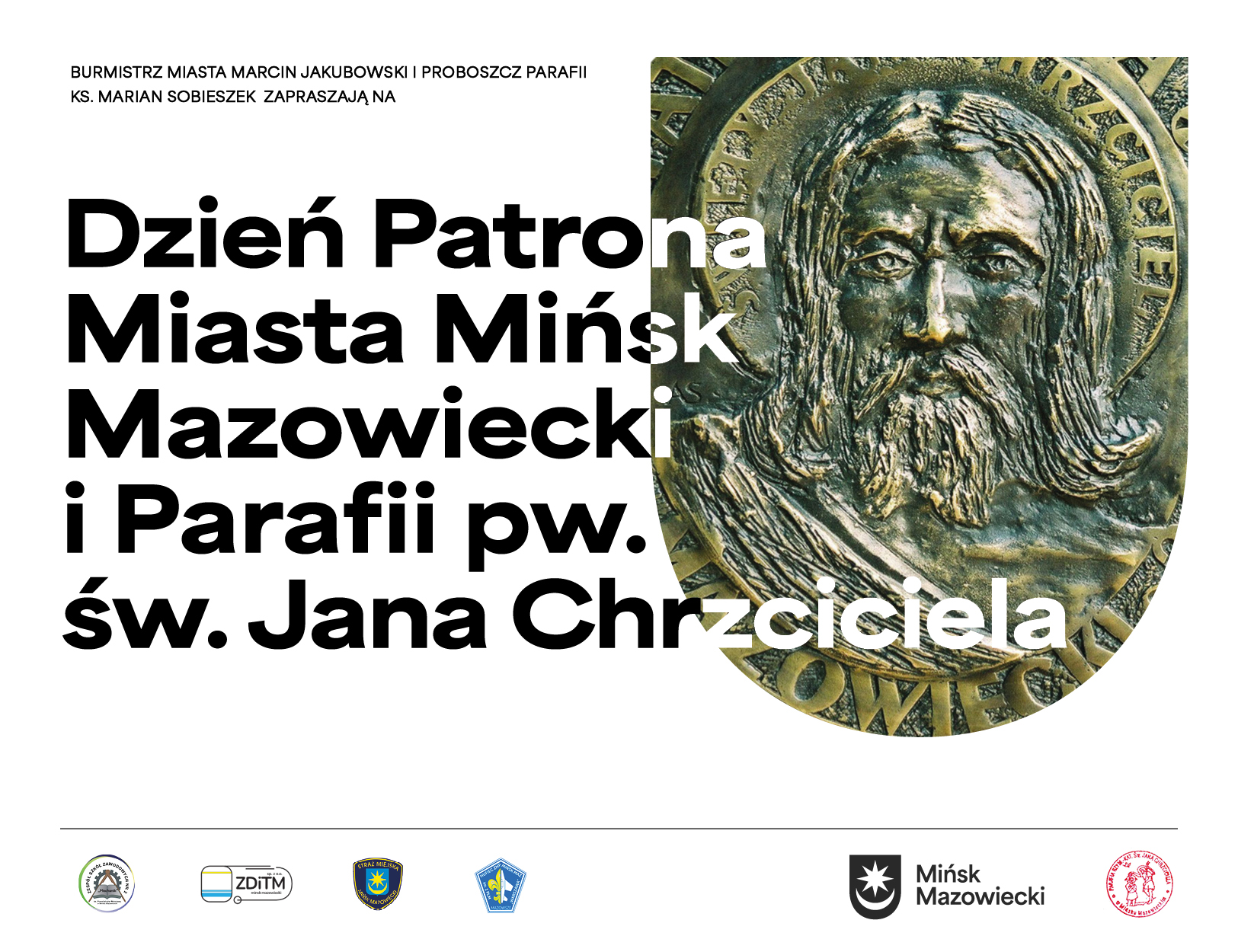 Na białym tle informacje. W górnym-prawym rogu mosiężny medal patrona miasta