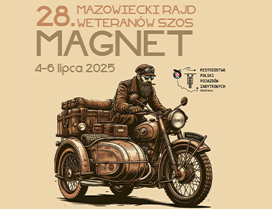 Na beżowym tle motocyklista na klasycznym motocyklu z wózkiem bocznym – retro klimat. Na górze informacje.