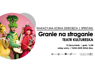 Po lewej w kole dwie kobiety i mężczyzna w przebraniu kolorowych warzyw z instrumenatmi i mikrofonem jedna kobieta. Po prawej na białym treść