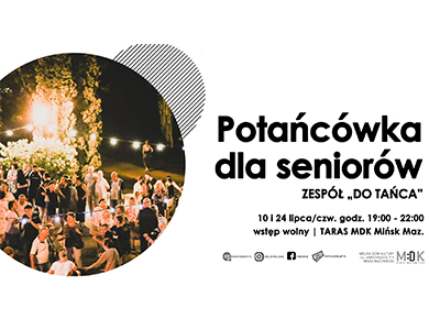 Po lewej w kole wieczorem przy blasku świecących, zawieszonych na sznurach lampek tańczą osoby. Po prawej na białym tle treść.