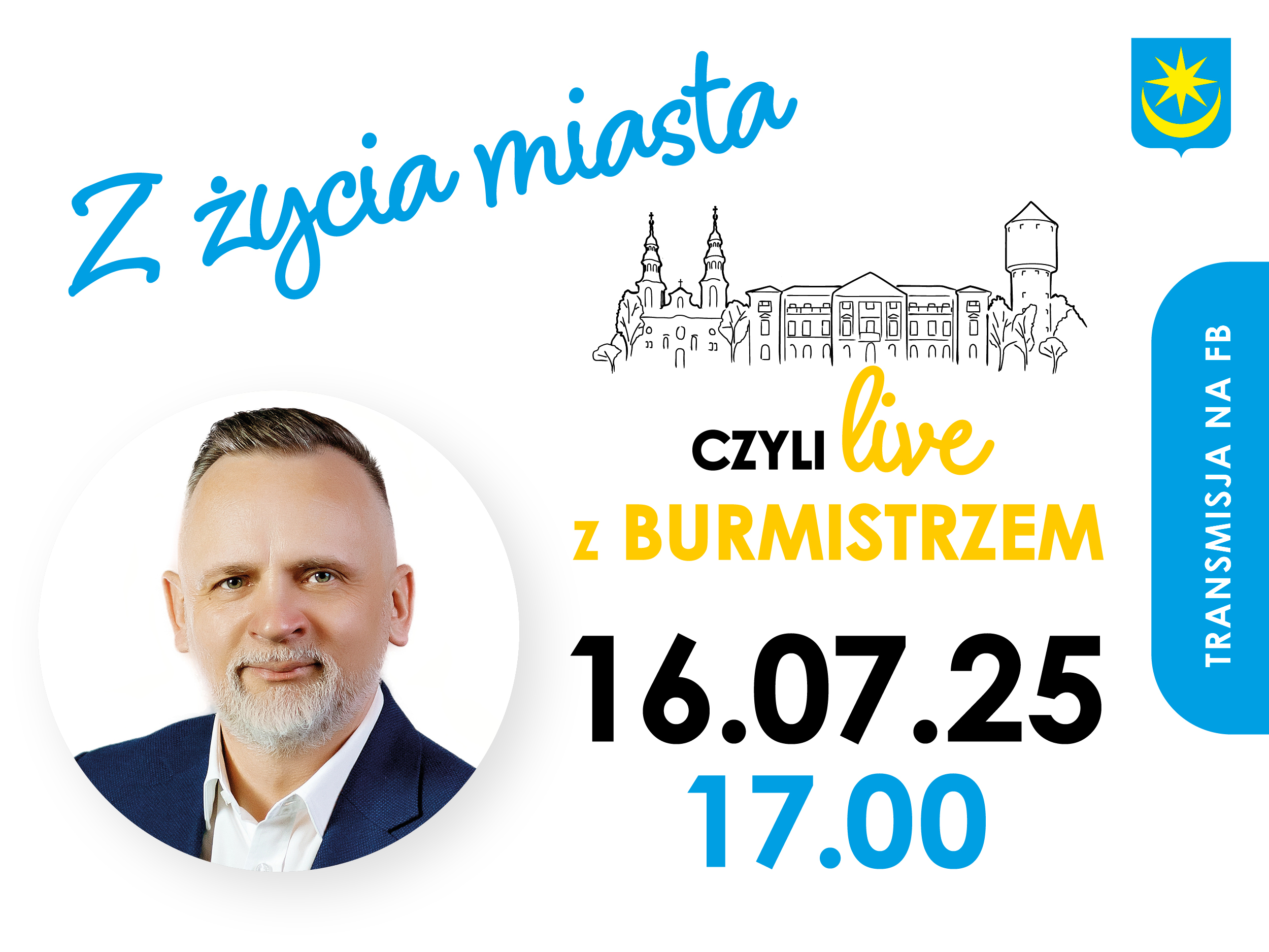 Na białym tle z lewej zdjęcie mężczyzny. Naokoło informacje. Po prawej obok zdjęcia rysunek budynków