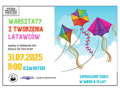 Na białym tle kolorowe informacje. Po prawej kolorowe, namalowane trzy latawce na tle nieba
