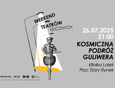 Na szarym tle informacje. Po środku rysunek trzech lamp ulicznych. Jedna rzuca światło. Pod nimi postać w ksztalcie kontrabasu
