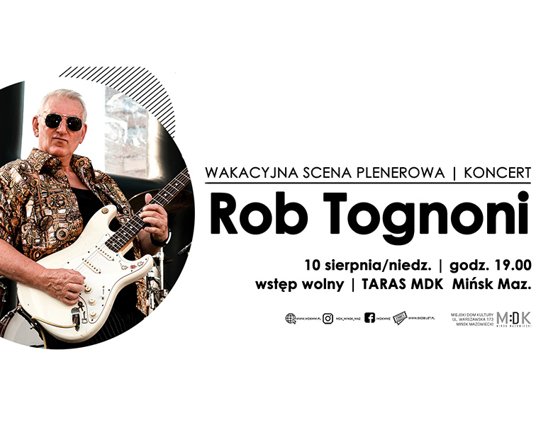 Po prawej na białym tle informacje. Po lewej w kole zdjęcie mężczyny grającego na gitarze elektrycznej.
