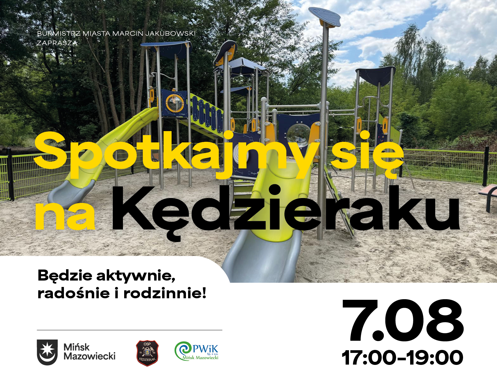 Na górze zdjęcie nowoczesnego placu zabaw z piaskownicą i zjeżdżalniami. Na dole na białym i żółtym treść