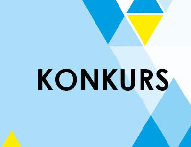 Napis "Konkurs" na niebieskim tle z trójkątami.
