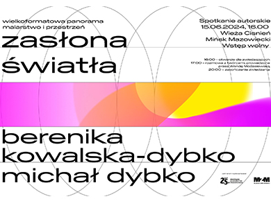 Na białym tle informacje. Po środku różowo-żółty gruby pasek