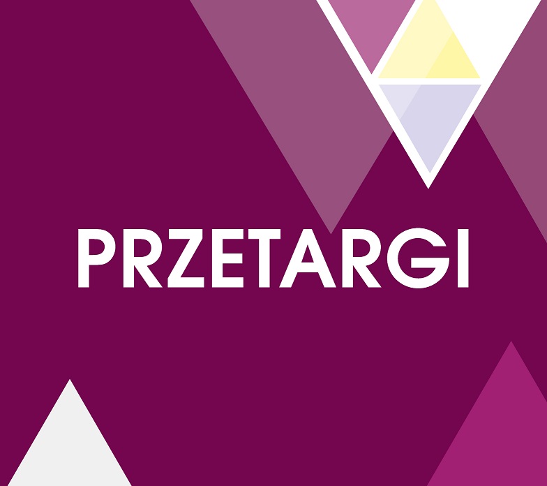 Na bordowym tle napis przetargi. Na górze i na dole trójkąty