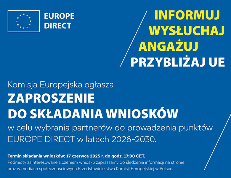 Na granatowym tle napisy zółte i białe.