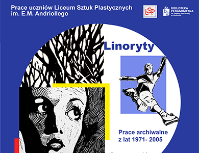 Na granatowym tle, po środku w białym kole rysunki linoryty