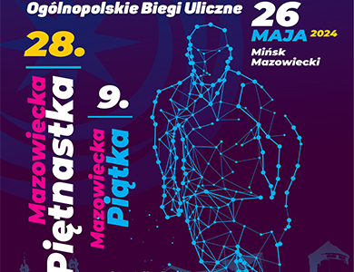 Na granatowym tle zarys biegnącej osoby