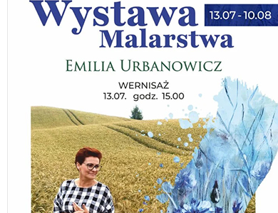 Na jasnym tle informacje. Na dole artystka na polu kłosów