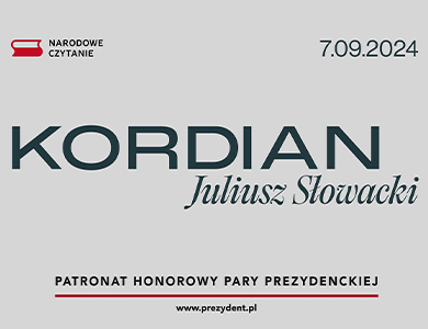 Na szarym tle informacje. Tytuł główny Kordian Juliusza Słowackiego