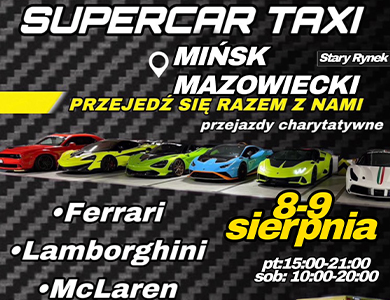 Na tle szachownicy informacje. Po prawej jano-żółty auto sportowe