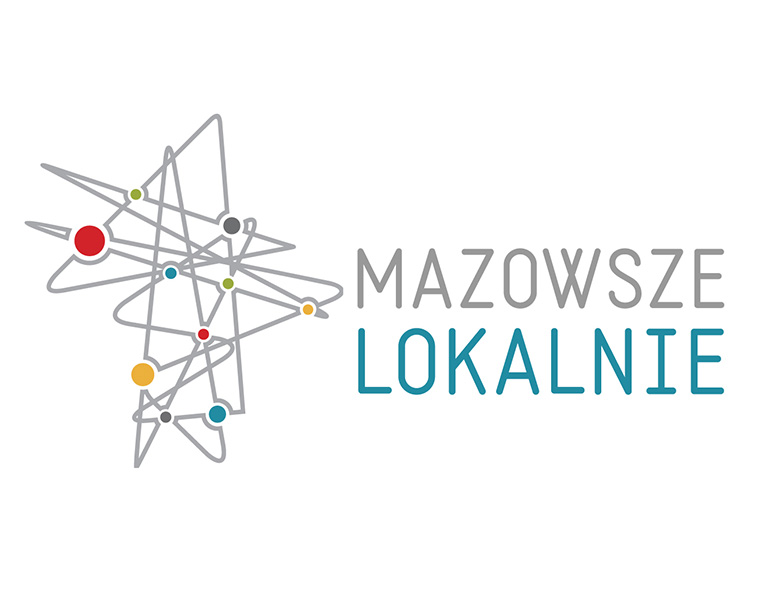 Na białym tle po lewej przecinające się szare linie. Na liniach kolorowe kropki. Tytuł mazowsze lokalnie