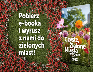 "Czyste, Zielone Miasta w Polsce 2023" w ebooku po prawej. Po lewej na zielonym tlme napis: Pobierz 2-booka i wyrusz z nami do zielonych miast. Naokoło czerwone kwiaty