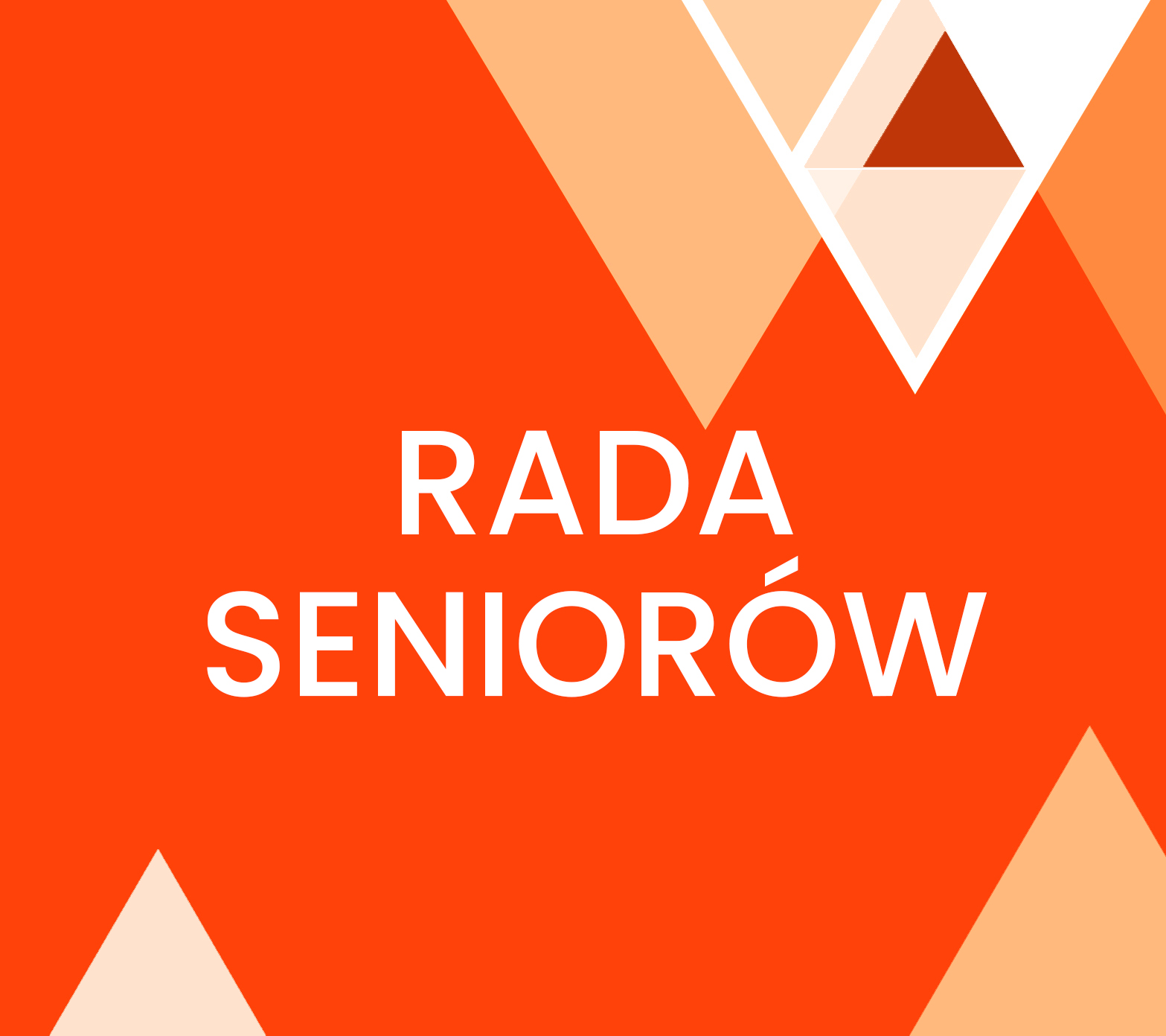 Na czerwonym tle napis rada seniorów. Na górze i na dole kolorowe trójkąty