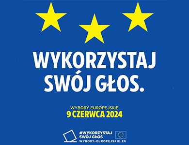 Na granatowym tle po środku tytuł główny wykorzystaj swój głos. Na górze łuk z trzech żółtych gwiazdek