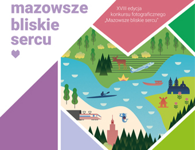 Na kolorowych tłach łamanych na różne figury znajdują się treści. Po środku rysunek rzeki, kajaka, zamka, pociągu, drzew