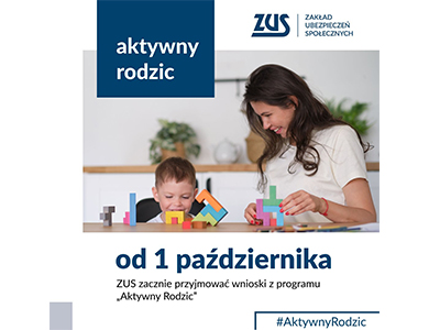 Na jasnym tle informacje. Po środku zdjęcie uśmiechniętej kobiety i chłopca. Układają klocki