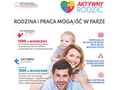 Na białym tle uśmiechnięty mężczyzna, na jego plecach kobieta i dziecko. Naokoło kolorowe informacje.