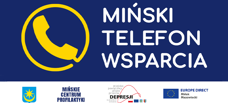 Na granatowym tle napis Miński telefon wsparcia. Po lewej żółta słuchawka. Na dole na białym tle loga