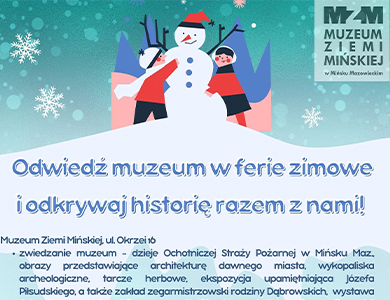 Na błękitnym zimowym tle informacje. Na górze rysynek dzieczynki i chłopca lepiących bałwana