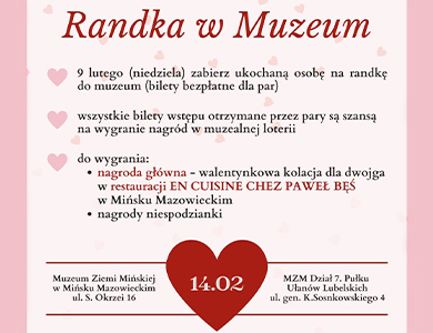 Na jasno różowym tle informacje. Na dole czerwone serce z napisem 14.02