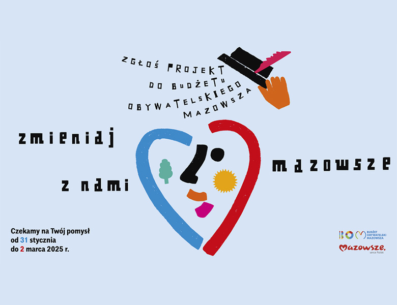 Na błękitnym tle napis zmieniaj z nami mazowsze oraz graficznie przetworzony wizerunek serca