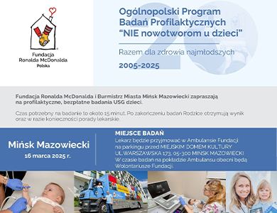 Na jasno-szarym i niebieskim tle inforamcje. Na dole pasek ze zdjęciami małych dzieci, kolorowego ambulansu