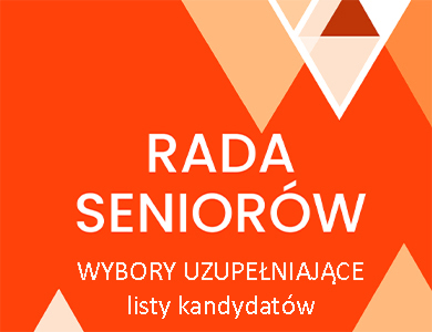 Na pomarańczowym tle informacja rada seniorów wybory uzupełniające, lista kandydatów