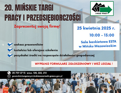 Naokoło informacje na tle szklanego budynku. Na dole pasek spacerujących ludzi