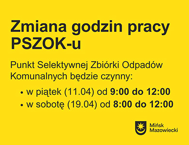 Na żółtym tle informacje zawarte w artykule. Na dole w prawym dolnym rogu czarne logo miasta o raz napis mińsk mazowiecki