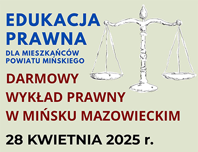 Na jasno-zielonym tle kolorowe inforamcje. W górym prawym rogu biała szala sprawiedliwości