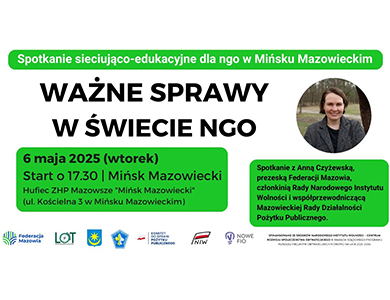 Na białym tle i w zielonych chmurkach informacje. Na dole loga. Po prawej w kole zdjęcie kobiety