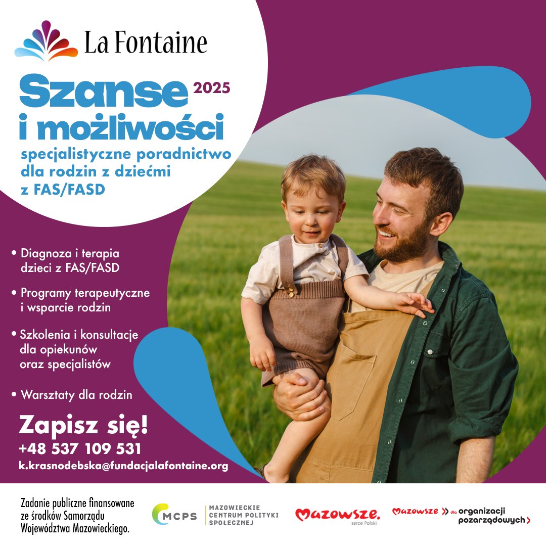 Po prawej zdjęcie usmiechniętego mężczyzny z dzieckiem na rękach. Na dole na białym loga. Po lewej informacje