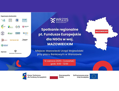 Na niebieskim tle informacje. Po lewej w białym prostokącie loga. Po prawej biały zarys mapy mazowsza