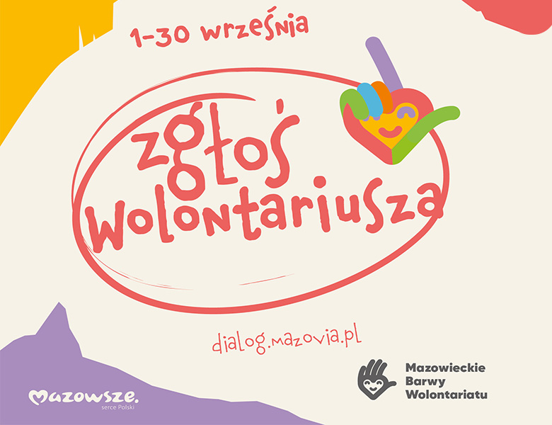 napis „Mazowieckie Barwy Wolontariatu” na beżowym tle z kolorowymi farbami