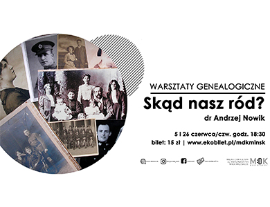 Po lewej w kole stare zdjęcia. Po prawej na białym tle informacje