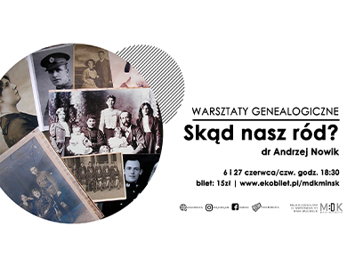  Po lewej w kole stare zdjęcia. Po prawej na białym tle informacje