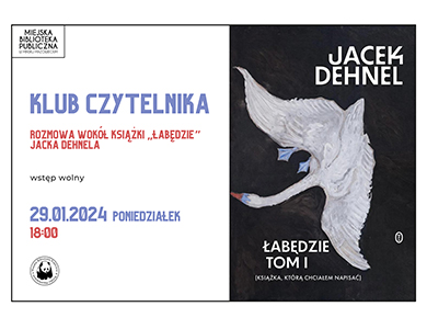 Po prawej na czarnym tle biały łabędź. Po lewej informacje