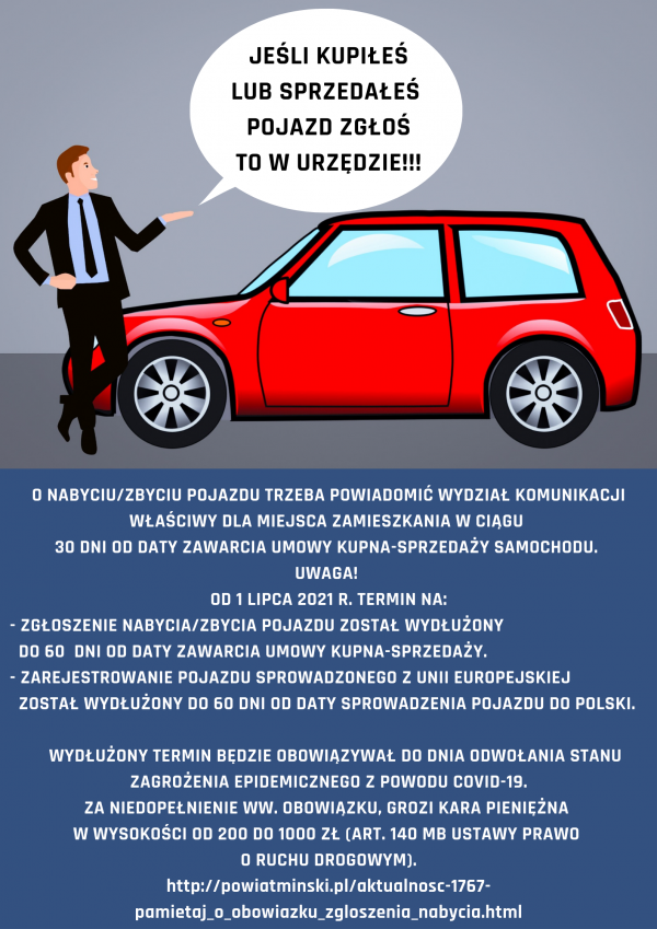 czerwoy samochód obok z lewej strony mężczyzna z lewą ręką w górze, na środku dymek z inforamcją
