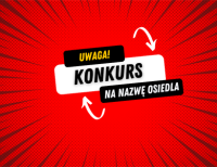 Czerwone tło z napisem Konkurs na nazwę osiedla
