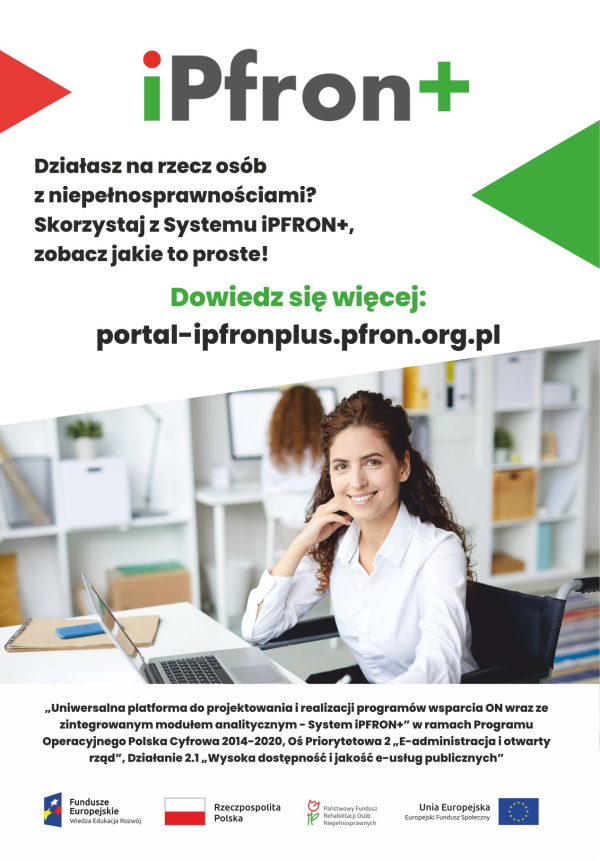 plakat informacyjny z tytułem głónym iPfron+ , po środku zdjęcie kobiety siedzącej przy biurku