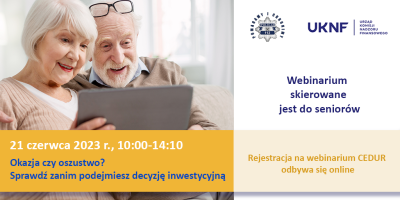 po lewej stronie para seniorów sprawdza coś na tablecie, informacje zawarte na plakacie znajdują się w treści artykułu...