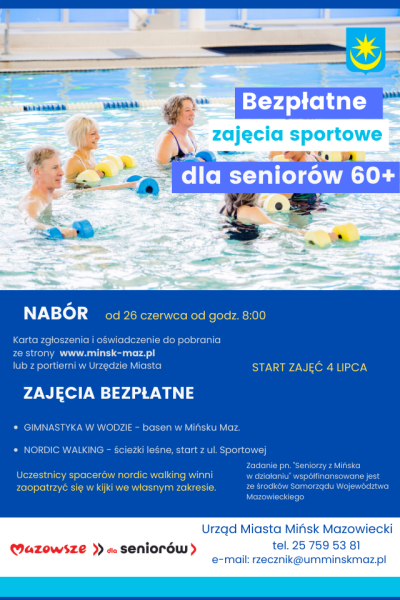na górze zdjęcie osób kąpioących się w basenie, informacje zawarte na plakacie znajdują się w treści artykułu...
