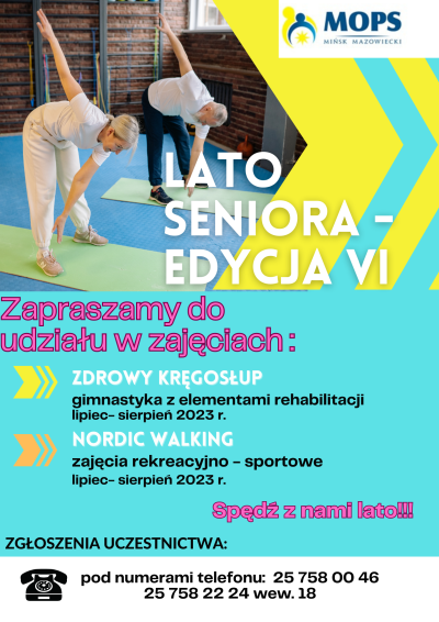 po lewej stronie zdjęcie ćwiczącej kobiety i mężczyzny, informacje zawarte na plakacie znajdują się w treści artykułu...