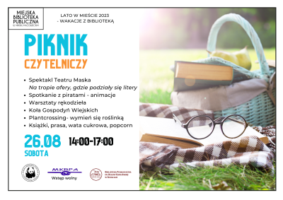 po lewej stronie zdjęcie koszyka piknikowego w środku książka obok książka i na niej okulary, wszystko leży na kocu na...