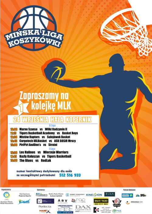 zarys mężczyzny skaczącego do góry i wbijającego piłkę koszykową lewą ręką do kosza, na górze po lewej stronie rysunek...
